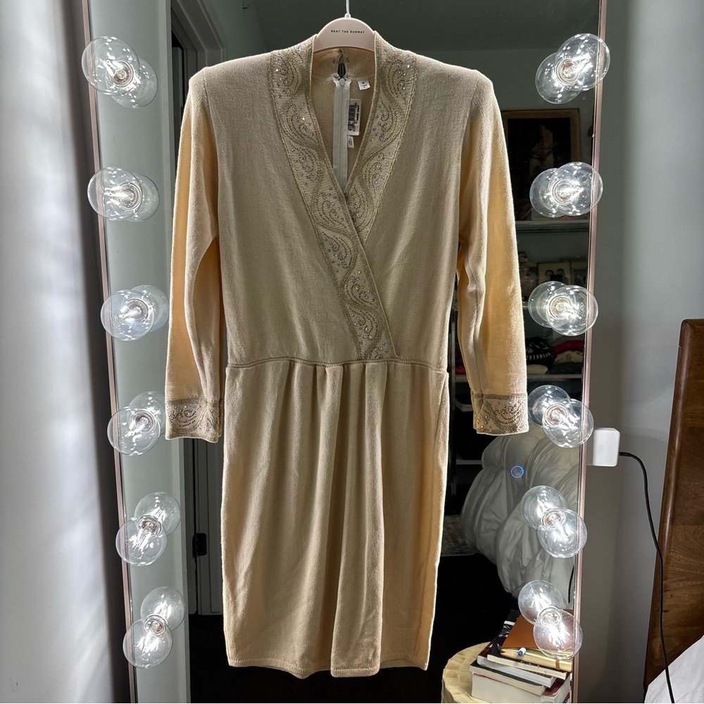 Vntg St John Elegant Cream Embellished Women's Knit Dress Womens 10